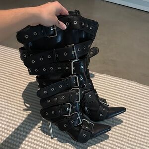 Black Buckle Strap Women's Boots